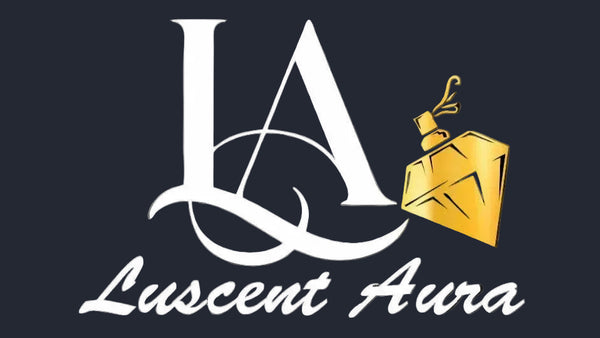 Luscent Aura logo with a gold perfume bottle icon on a black background